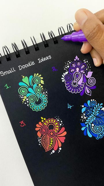 Easy Doodle Patterns, Mandala Design On Black Paper, Black Paper Art Gel Pens, Mandala With Brush Pens, Gel Pen Doodles, Gel Pens Black Paper, White Pen Art On Black Paper Mandala, Gel Pen Mandala, Pen Art Doodle