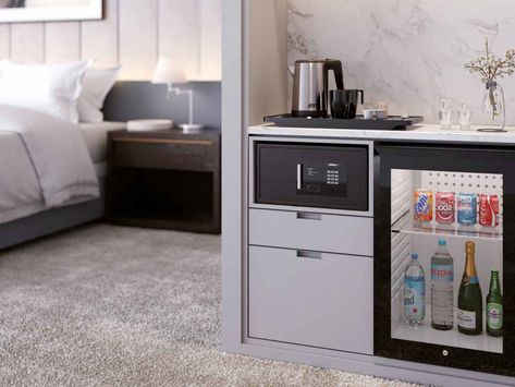 Mini Fridge In Bedroom, Hotel Room Interior, Hotel Linen, Bar Fridges, Mini Bars, Hotel Amenities, Hotel Supplies, In The Bedroom, Bedroom Hotel