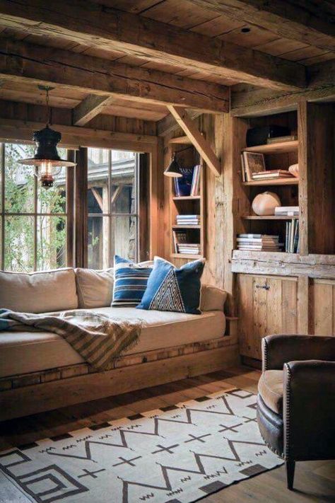 Smaller is better. Believe me. As you grow older, your kids are on their own, or slowly getting there (no judging, I have three), downsizing is your friend. My website is all about this. But imagine reading or writing in this space? #writingnook, #mountaincabin, #downsize #cabindecor #window #emptynest @mynestbestchapter.com Log Cabin Interior Design, Cabin Interior Design, Window Nook, Log Cabin Interior, Interior Boho, Cabin Living, Log Cabin Homes, Cabins And Cottages, Hus Inspiration