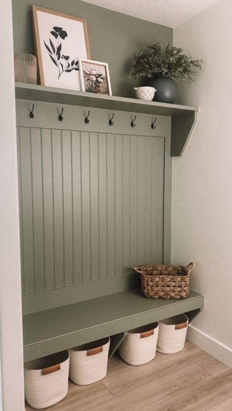 COLOR OF THE YEAR 2022 MUDROOM REVEAL - Stripes in Bloom Evergreen Fog Paint, Mud Room Makeover, House Mudroom, Mudroom Paint Color, Small Mudroom Ideas, Color Of The Year 2022, Mudroom Remodel, Soft Autumn Color Palette, Autumn Color Palette