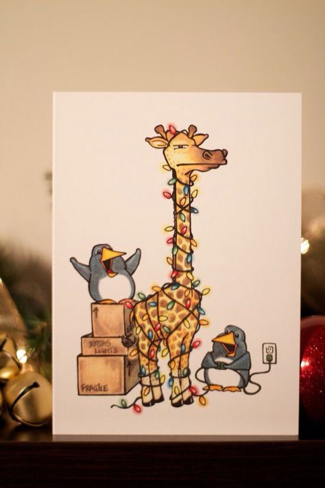 Christmas At The Zoo, Christmas Cards Drawing, Christmas Doodles, Christmas Card Art, A Giraffe, Watercolor Christmas Cards, Card Drawing, Diy Christmas Cards, Christmas Drawing