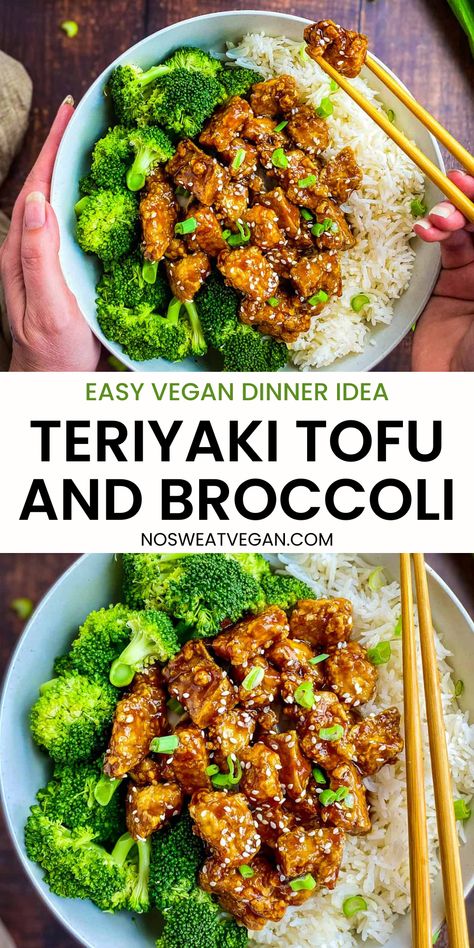 Looking for a healthy dinner idea perfect for Veganuary? Try this Vegan Teriyaki Tofu! Crispy tofu chunks are coated in a sticky, homemade teriyaki sauce that's both flavorful and oil-free. Ready in just 40 minutes, this dish is ideal for weeknight dinners and sharing with non-vegan friends. Serve with rice and steamed broccoli for a complete meal. Check out the full recipe now!  #VeganDinnerRecipe #TeriyakiTofu #Veganuary Tofu Recipes For Lunch, Teriyaki Tofu Bowl Recipe, Teriyaki Tofu And Broccoli, Tofu Power Bowl Recipe, Tofu And Rice Bowl, Easy Healthy Dinner Vegan, Teriyaki Bowl Vegetarian, Meals To Cook For Friends, Vegan Teriyaki Bowl