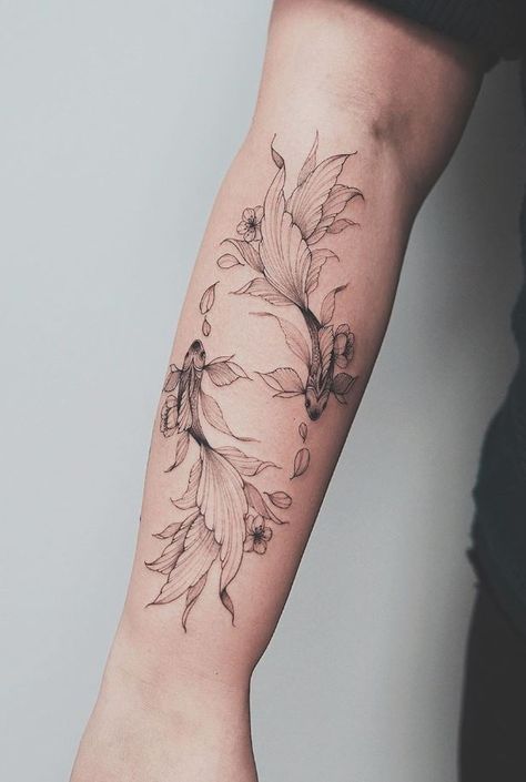 Floral Fish Tattoo - TattooLopediaTattooLopedia Blatt Tattoos, Pisces Tattoo Designs, Spinal Tattoo, Koi Tattoo Design, Pisces Tattoos, Koi Tattoo, Forearm Tattoo Women, Fish Tattoo, Stylist Tattoos