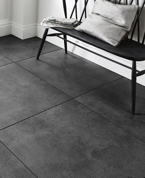 Dark Tile Floors, Bedroom Floor Tiles, Grey Bathroom Floor, Indoor Flooring, Dark Grey Tile, Concrete Tile Floor, Tiles Living Room, Gray Tile, Tile Floor Living Room