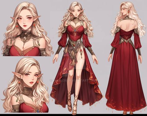 Royal Elf Clothes, Fancy Elf Clothes Dnd, Elf Clothes Fantasy Outfit Drawing, Red Fantasy Dress Drawing, Fantasy Dress Drawing, Red Fantasy Outfit Drawing, Red Haired Elf Female, Elf Dress, Elven Dress