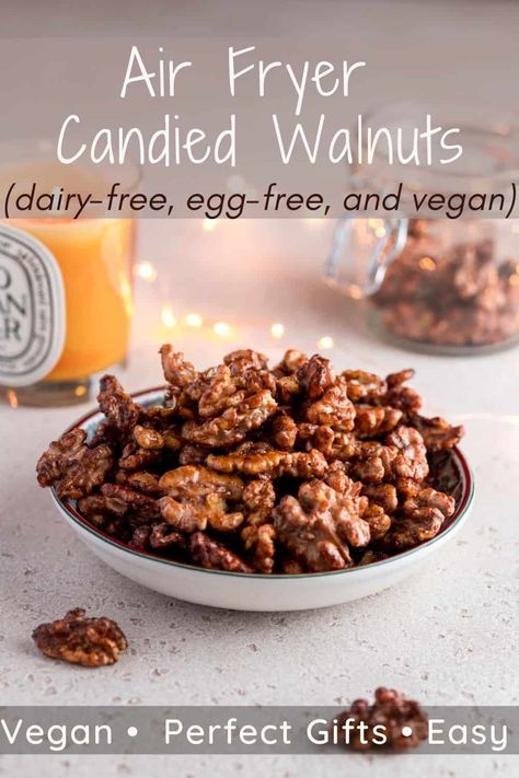 Easy Air Fryer Candied Walnuts (Pinterest Pin) Candied Walnuts In Air Fryer, Candied Walnuts Easy Air Fryer, Salted Walnuts Recipe, Morocco Recipes, Candied Walnuts For Salad, Mediterranean Keto, Candied Walnut Recipe, Asian Ramen, Caramelized Walnuts