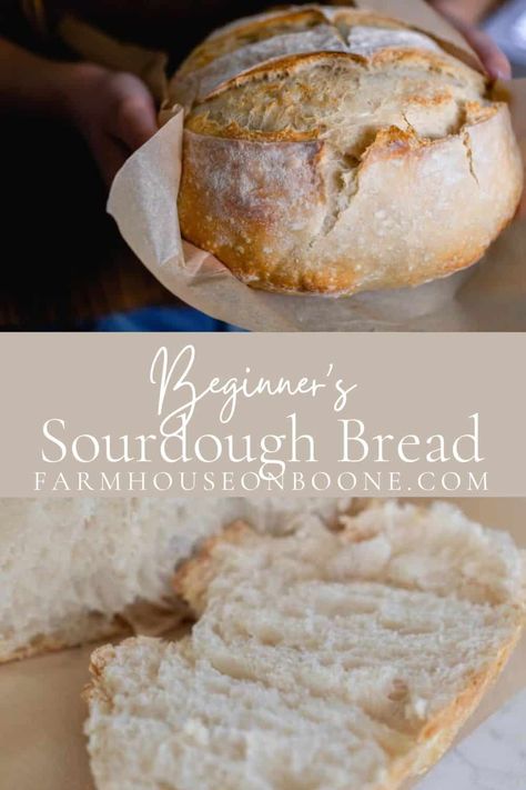 Learn how to make the easiest homemade sourdough bread recipe perfect for beginners. All you need is a few ingredients, some time, and patience. You'll never want to go back to store-bought bread again. #farmhouseonboone #sourdoughbread #beginnerssourdoughbread Sourdough Bread Recipe Beginner, Sourdough Bread Easy Quick, Perfect Sourdough Bread Recipe, Farmhouse Sourdough Bread, Farmhouse Boone Sourdough Bread, Farmhouse On Boone Beginner Sourdough, Easy Sourdough Bread Recipe Little Spoon Farm, Sourdough Loaf Bread Recipe With Starter, Sourdough For Beginner