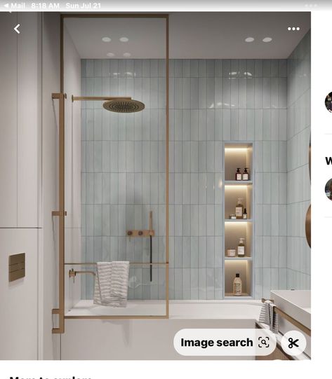 Bathroom Mistakes, Vertical Shower Tile, Blue Shower Tile, Common Bathroom, Light Blue Bathroom, Blue Bathroom Tile, Subway Tile Showers, Full Bathroom Remodel, Instagram Light