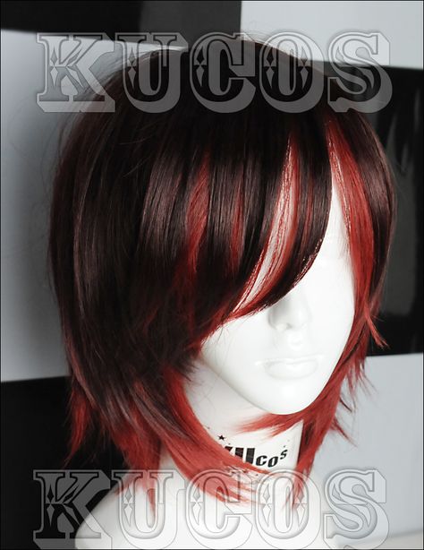 RWBY "Red" Trailer Ruby Rose Short black red mix cosplay wig free wig cap US $14.99 Black Red Hair Short, Red Short Hair Ideas, Black And Red Short Hair, Black And Red Hair Short, Black Wig Short, Rwby Rose, Black Red Hair, Rwby Red, Short Sassy Haircuts