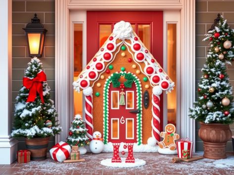 Image for Gingerbread House: Decorate your door to look like a gingerbread house with candy decorations, gumdrop buttons, and icing details. Add a gingerbread man or woman for a sweet touch. Front Door Gingerbread House, Gingerbread House Door Decorations, Christmas Door Decorating Contest Ideas, Door Decorating Contest Ideas, Gingerbread House Door, Things To Do During Christmas, Gingerbread Door, Christmas Cubicle, Christmas Door Decorating