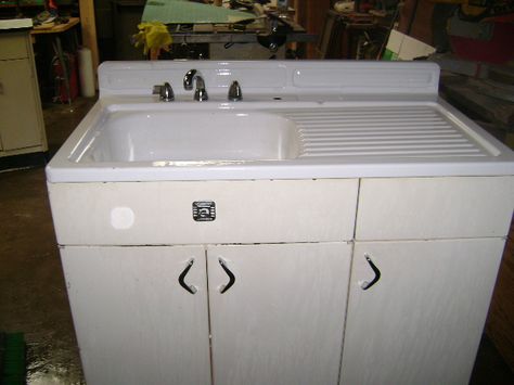 Youngstown Metal Sink Base -- we have drawers to the right, not a cabinet. Antique Kitchen Sink Cabinet, Old Cast Iron Sinks, Vintage Drainboard Kitchen Sink, Antique Kitchen Sink With Drainboard, Antique Kitchen Sink, Vintage Metal Sink Cabinet, Inside Greenhouse, Youngstown Kitchen, Vintage Kitchen Sink