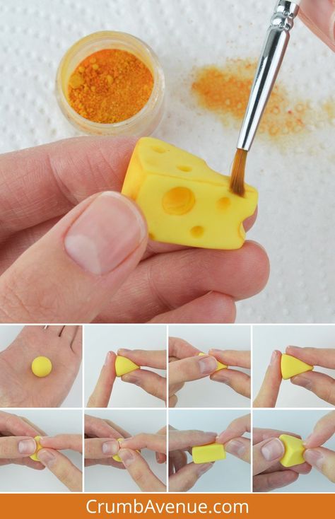 Fimo Clay Ideas Step By Step, Cute Polymer Clay Food, Easy Clay Food Ideas, Polymer Clay Cheese, Polymer Clay Food Easy, Polymer Clay Cake Tutorial, Cake Clay Art, Mini Clay Food Easy, Step By Step Clay Ideas