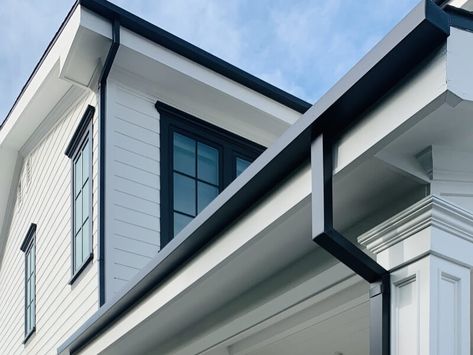 Choose Rain Gutter Styles - Rain Gutter Specialists Gutters On House Exterior Colors, Gutters On House, Orangery Ideas, Black Gutters, Rain Gutter Installation, Nj House, Gutter Profiles, House Gutters, Galvalume Roof