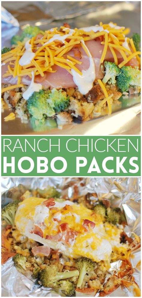 Cheesy Chicken Hobo Packs - stuffing, chicken, broccoli, bacon, and cheese all layered and cooked in foil packets. They can be grilled or baked! Easiest dinner ever. Taco Foil Packs, Grilled Chicken Foil Pack Recipes, Chicken And Veggie Foil Packets, Easy Foil Dinners, Foil Pack Dinner Ideas, Chicken Stuffing Foil Packets, Chicken Campfire Foil Packets, Broccoli Chicken Foil Packets, Foil Packet Meals Oven