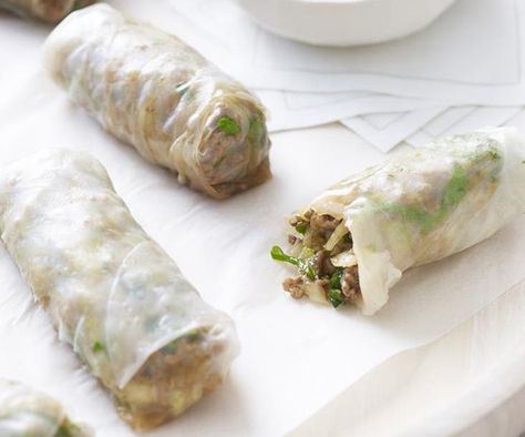 These pork rolls are a tasty starter before a main course of fried rice or a bowl of chicken broth with rice noodles. Rice Paper Rolls Recipe, Rice Paper Rolls Recipes, Pork Spring Rolls, Beetroot Relish, Pistachio Salad, Bread Pudding With Apples, Recipe Pork, Pork Roll, Marinated Salmon