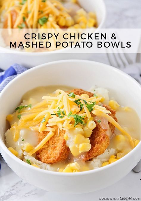 These mashed potato bowls are a simple and delicious dinner idea. This easy recipe has quickly become a family favorite.  #dinner #dinnerrecipes #recipeideas #recipe #30minutemeal #easyrecipe #easydinner Chicken And Mashed Potatoes Dinner Ideas, Mashed Potatoes Dinner Ideas, Potatoes Dinner Ideas, Mashed Potatoes Dinner, Mashed Potato Bowls, Kfc Mashed Potatoes, Chicken And Mashed Potatoes, Potato Bowls, Chicken Mashed Potatoes