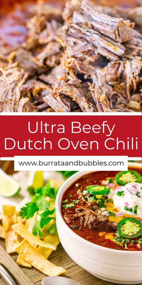 Shredded Beef Chili, Chuck Roast Chili, Dutch Oven Chili Recipe, Meaty Chili, Dutch Oven Chili, Shredded Beef Recipes, Best Dutch Oven, Hearty Vegetable Soup, Chilli Recipes