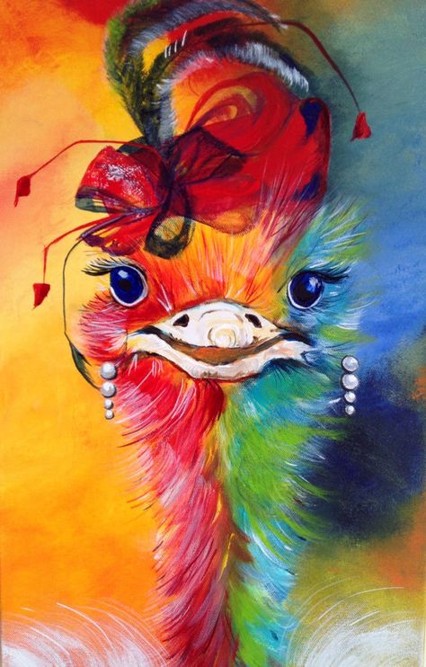 Medium painting canvas, bird, ostrich bird, red, colorful, modern, Diva by beate frieling Ostrich Art, Emus Art, Ostrich Bird, Crown Painting, Cross Stitch Home, Funky Pop, Art Rabbit, Canvas Drawings, Animal Painting