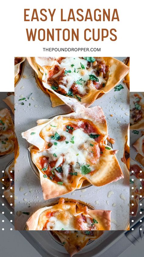 Easy Lasagna Wonton Cups via @pounddropper Wonton Lasagna, Ww Casseroles, Ww 2023, Ww Appetizers, Weight Watchers Appetizers, Ww Dinners, Appetizer Dinner, Lasagna Cups, Wonton Wraps