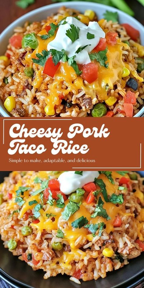 Cheesy Pork Taco Rice Ingredients: 1 pound ground pork 1 (1 ounce) package taco seasoning mix 1 (10 ounce) can diced tomatoes with green chilies 1 (15 ounce) can black beans, drained and rinsed 1 1/2 cups frozen corn 3/4 cup salsa 1 (8 ounce) package shredded Mexican cheese blend 2 cups cooked white rice 2 tablespoons chopped fresh cilantro #Cheesy #Pork #TacoRice Mexican Food Dinner, Taco Rice Recipe, Pork Taco, Hispanic Recipes, Taco Rice, Mexican Meals, Mexico Food, Vegetable Rice, Pork Tacos