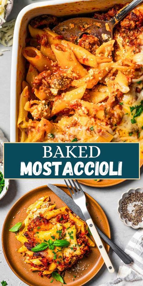 Baked Mostaccioli is a satisfying pasta bake loaded with savory ground beef, Italian sausage, tangy marinara sauce, and melty, bubbly cheese! #bakedmostaccioli #pastadinner #pastabake Baked Mostaccioli Recipe Ground Beef, Mini Pasta Recipes, Marinara Pasta Recipes, Baked Pasta With Ground Beef, Baked Mostaccioli Recipe, Mostaccioli Recipe, Diethood Recipes, Baked Mostaccioli, Baked Chicken Pasta Recipes