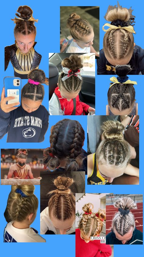 Gymnastics Meet Hair, Cute Sporty Hairstyles, Mixed Kids Hairstyles, Cute Volleyball Hairstyles, Track Hairstyles, Soccer Hairstyles, Soccer Hair, Basketball Hairstyles, Preppy Hairstyles