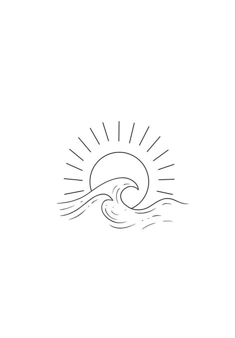 Ocean Wave And Sun Tattoo, Sun Ocean Tattoo, Ja Tattoo, Zee Tattoo, Tattoo Swimming, Wave Line Art, Minimalistic Tattoo Ideas, Wellen Tattoo, Beachy Tattoos