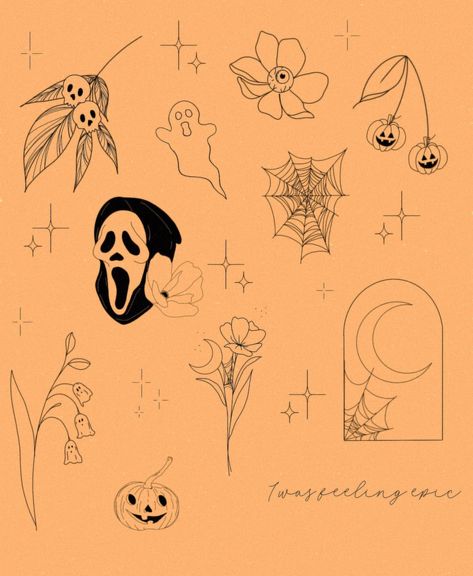 HALLOWEEN FLASH AVAILABLE NOW 👻 Simple and sweet this year 🍂💀🤎 BOOK NOW ☺️ (Sparkles are fillers but can also be apart of any tattoo you choose) • • #halloween #halloweenflash #simple #sweet #floralhalloween #ghosts #october #finelinetattoos #indiana #indianatattoo Witchy Star Tattoo, Halloween Fine Line Tattoo, Small Halloween Tattoos Simple, Halloween Theme Tattoo, Fall Themed Tattoos, Simple Halloween Tattoos, Ghost Flash Tattoo, Little Ghost Tattoo, Small Halloween Tattoos