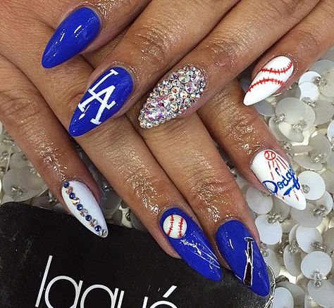 Baseball Acrylic Nails, Dodger Nails Designs Los Angeles, La Dodgers Nails, Dodgers Nails Designs, Dodger Nails Designs, Dodgers Nails, Texas Rangers Nails, Dodger Nails, Spring Acrylic Nails