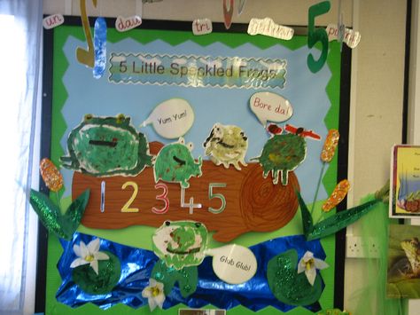 Five Little Speckled Frogs classroom display photo - Photo gallery - SparkleBox Baby Room Display Boards, Numeracy Display, 5 Speckled Frogs, Childcare Themes, Nursery Display Boards, Maths Wall, Five Little Speckled Frogs, 5 Little Speckled Frogs, Classroom Wall Displays