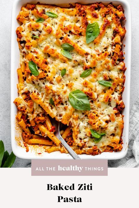 This Healthy Baked Ziti Pasta is made with just a few simple ingredients and comes together quickly. It’s a delicious weeknight meal that serves a crowd with plenty of leftovers! Baked Ziti Meal Prep, Healthy Baked Pasta, Healthy Baked Pasta Recipes, Baked Pasta Recipes Healthy, Healthy Ziti Bake, Veggie Baked Ziti, Banza Pasta Bake, Healthy Baked Ziti Recipe Ground Turkey, Healthy Baked Ziti Clean Eating