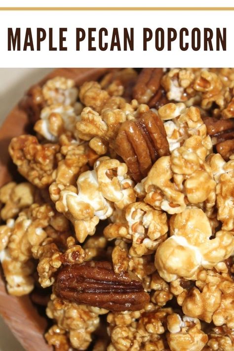 Bowl of maple pecan caramel popcorn. Caramel Pecan Popcorn Recipe, Caramel Corn With Nuts Recipe, Maple Syrup Popcorn Recipe, Carmel Popcorn Recipe Without Corn Syrup, Maple Puff Corn, Carmel Corn With Maple Syrup, Carmel Popcorn Recipes, Snacks With Popcorn, Caramel Popcorn Recipe No Corn Syrup