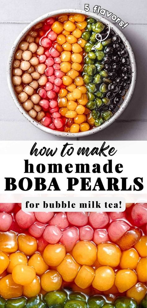 Looking to learn how to make tapioca pearls (or boba balls) from scratch? This recipe will show you how to make homemade boba pearls that are chewy and sweet, making them a fantastic addition to your bubble tea or milk tea. It also features 5 delicious boba flavors: brown sugar, matcha, mango, strawberry, and peach.Plus, I’ve included step-by-step photos and a video, so your first time making DIY boba at home goes as smooth as possible! Best Boba Recipe, How To Make Mango Boba, Boba Beads Recipe, Mango Tapioca Pearls, Recipes Using Tapioca Pearls, Home Made Boba Tapioca Pearls, Bubble Tea Boba Recipe, Fruit Tapioca Pearls Recipe, Bubble Tea Recipe Diy Tapioca Pearls