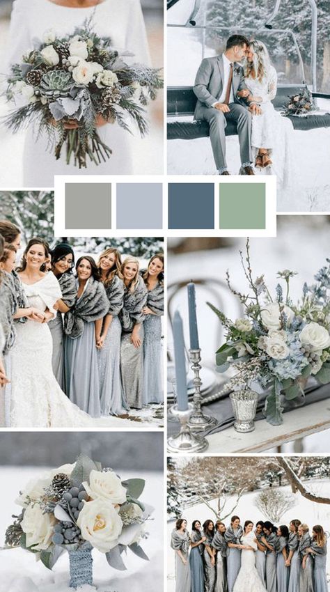 Winter Wedding Color Palette, Blue Winter Wedding, Green Wedding Bouquet, Wedding Color Palettes, Dusty Blue Wedding, Winter Wedding Colors, Wedding Themes Winter, Grace Elizabeth, Winter Wedding Decorations