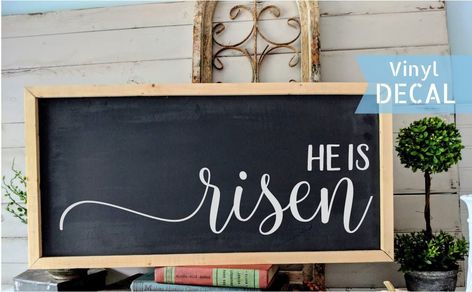 Signs Spiritual, Spring Chalkboard Art, Thanksgiving Vinyl, Easter Decals, Spring Chalkboard, Fall Decal, Easter Chalkboard, He Is Risen Easter, Chalkboard Decor