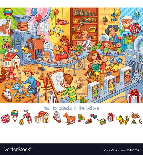 Toy factory find 15 objects in the picture Vector Image Find The Hidden Objects, Hidden Picture Puzzles, Picture Composition, Puzzle Photo, Funny Cartoon Characters, Toy Factory, English Games, Hidden Pictures, Hidden Objects