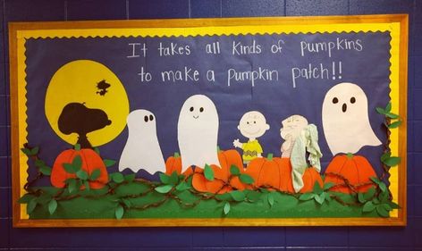 Charlie Brown Great Pumpkin Bulletin Board, Peanuts Door Decoration, Great Pumpkin Charlie Brown Bulletin Board, Charlie Brown Halloween Decor, Snoopy Halloween Bulletin Board, Snoopy Fall Bulletin Board Ideas, Charlie Brown Fall Bulletin Board, Charlie Brown Bulletin Board Ideas, Halloween Bulletin Boards For Preschool