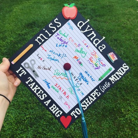 My graduation cap from CMU's elementary education program - all materials from Jo-Ann Fabrics! #teacher #elementary #futureteacher #graduationcap #educator #teacherquotes #educationmajor Grad Caps For Education Majors, Masters Cap Decoration Teacher, Graduation Cap Designs For Education, Cap Decoration For Teachers, Masters Education Graduation Cap, Early Childhood Education Cap Ideas, Teacher Masters Graduation Cap, Elementary Cap Decoration, Education Graduation Cap Ideas