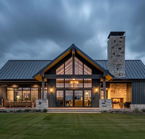 the balsam | Barndo & Co. Black And Stone Farmhouse Exterior, Cabin Style Barndominium, Mountain Lodge Exterior, Vaulted Back Porch, Cabin Siding, Barndominium Home, Log Cabin Siding, Vertical Wood Siding, Modern Mountain Cabin