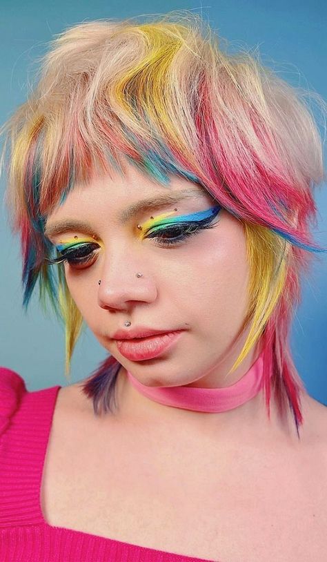 Rainbow Highlights Short Hair, Short Hair Multi Color, Short Hair Tinsel, Vivid Hair Color Shag, Rainbow Tips Hair, Rainbow Shag Hair, Vivid Hair Color Ideas Short, Short Hair Dye Ideas Pixie Cuts, Short Hair Rainbow