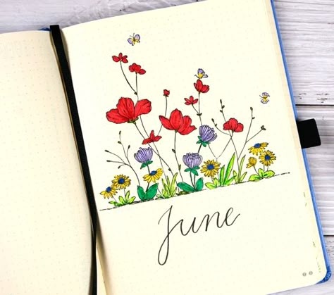 June Calendar Doodles, June Bujo Cover, Journal June, Bujo Flowers, June Bullet Journal Calendar, Bujo June Theme, Flower Bullet Journal Theme, June Themes, June Illustration