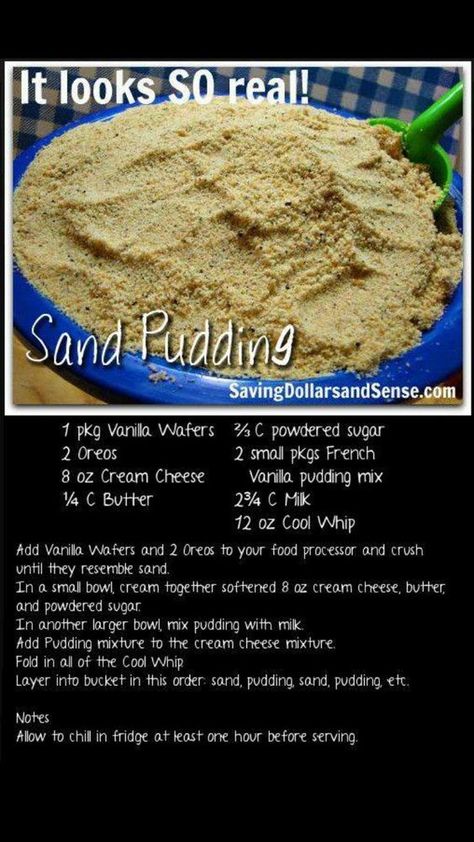 Sand pudding!! So cute for a kids summer birthday party: Dessert Recipes For A Crowd, Sand Pudding, Edible Sand, Lila Party, Recipes For A Crowd, Shark Bait, Beach Birthday Party, Spongebob Birthday, Shark Birthday Party