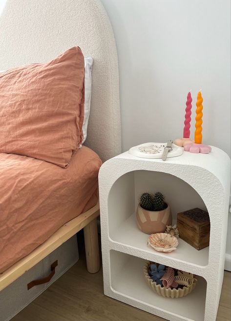 Arch Bedside Table, Cool Bedside Tables, Mini Bedside Table, Bedroom Cosy, Bedside Table Styling, Spare Bedroom, Cozy Decor, Furniture Pieces, Bedroom Inspo