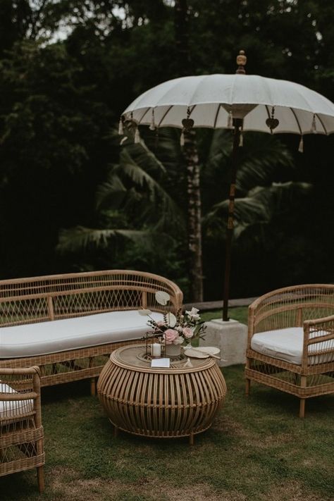 Bali Cocktail Wedding, Bali Themed Party, Bali Wedding Decor, Bali Wedding Ideas, Balinese Wedding, Pool Wedding, Wicker Coffee Table, Cocktail Hour Wedding, Wedding Lounge