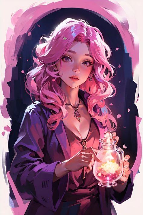 Changeling Witch, Pink Haired Girl Art, Girl With Pink Hair Art, Pink Hair Girl Art, Eladrin Druid, Glowing Potion, Dnd Elves, Girl With Pink Hair, Female Character Design