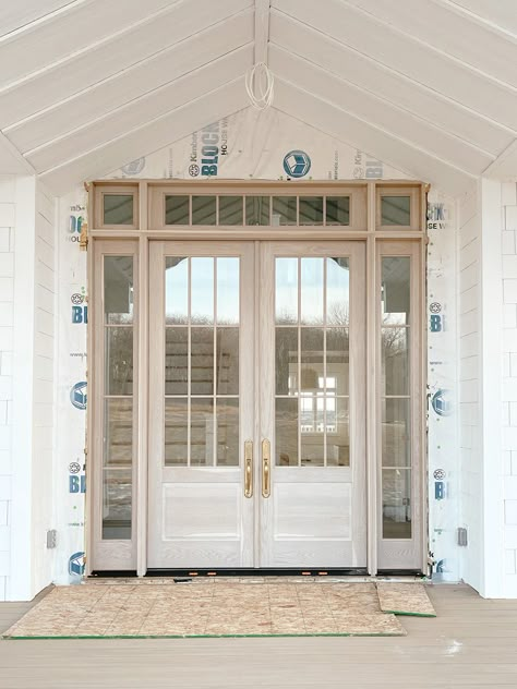 Screen Porch Double Doors, Double Front Doors With Side Windows, Side Doors Entrance Ideas, Bleached Wood Front Door, Double Entry Doors With Sidelights, Double Front Entry Doors With Sidelights, European Farmhouse Front Door, Two Door Front Door, Double Door With Sidelights