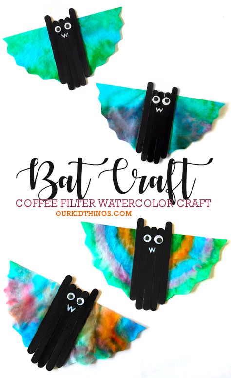 Coffee Filter Watercolor Bat Craft Bat Coffee Filter Craft, Hanging Bats Craft, Hanging Halloween Crafts For Kids, Prek Bat Craft, Halloween Coffee Filter Crafts For Kids, Hanging Bat Craft, Halloween Bat Crafts For Kids, Coffee Filter Bats, Bat Preschool Crafts