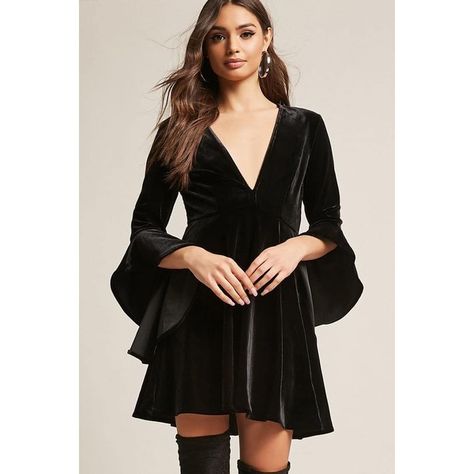 Forever21 Velvet Ruffle Dress (910 MXN) ❤ liked on Polyvore featuring dresses, black, plunging v neck dress, forever 21 dresses, long sleeve plunge dress, long sleeve dress and v neck fit and flare dress Velure Dress, Black Velvet Dress Short, Bell Sleeve Dress Outfit, Long Sleeve Vintage Dresses, Plunging V Neck Dress, Black Bell Sleeve Dress, Velvet Dress Short, Mini Cami Dress, Style Coat