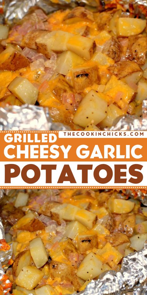 Check out this summer grilling idea for a simple Memorial Day side dish! This Grilled Cheesy Garlic Potatoes recipe is cooked in tin foil, making clean up a breeze. An easy spring recipe perfect for any BBQ or gathering!