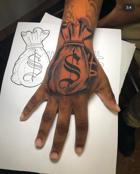 Trap Tattoos Men Hand, Money Bag Hand Tattoo, Hand Tattoos For Black Men, Black Men Hand Tattoos, Hypebeast Tattoo, Trap Tattoos Men, Moneybag Tattoos, Calf Sleeve Tattoo, Glow Tattoo